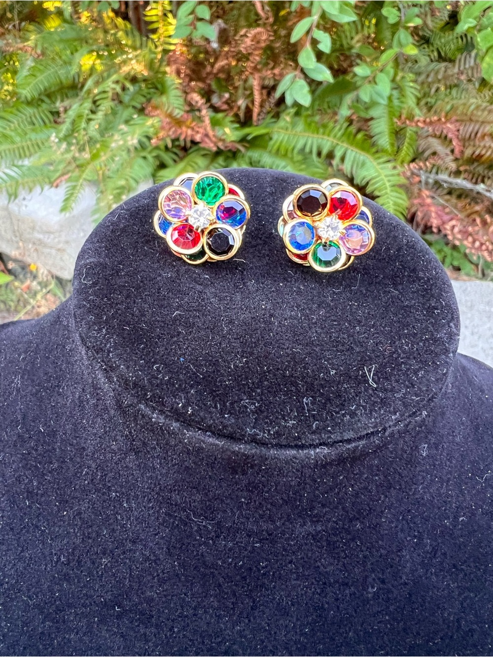 Multicolor Crystal Flower Cluster Earrings - Gold Tone